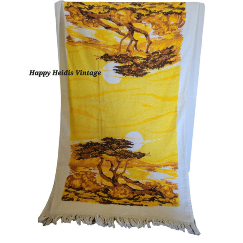 Vintage‎ 70s Orange Brown Fringed Desert Tree Sunset Scene Beach Towel